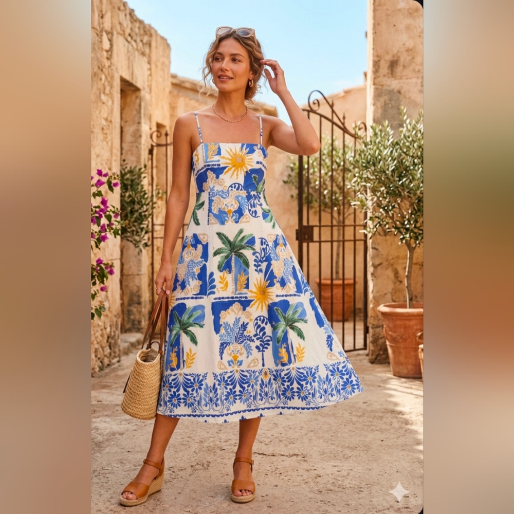 Bella Vita Blue, Green & Yellow Tropical Midi Dress